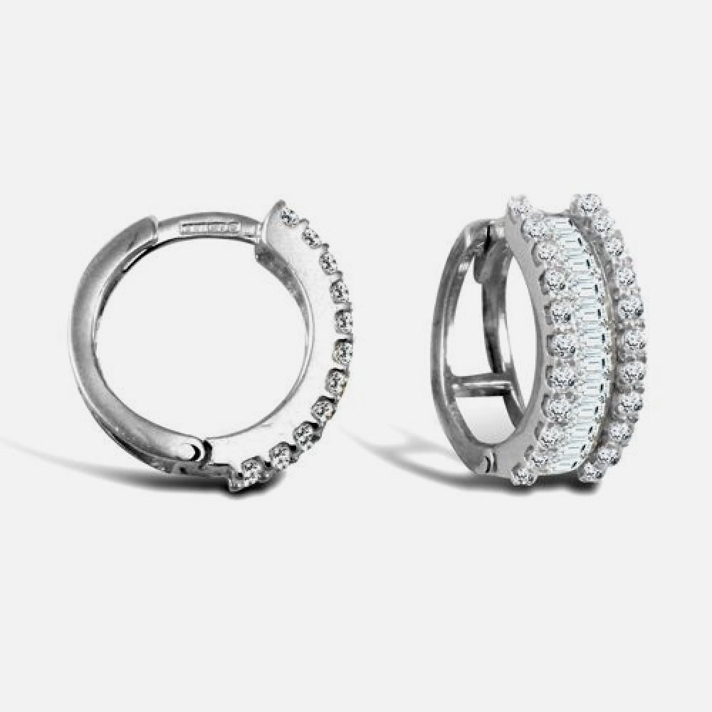 9k White Gold Round And Baguette Cubic Zirconia Hoop Earrings