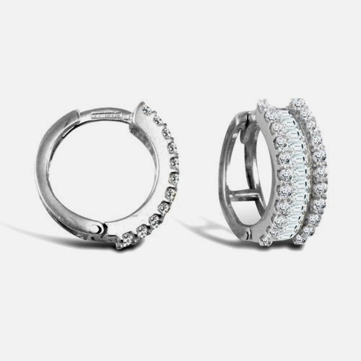 9k White Gold Round And Baguette Cubic Zirconia Hoop Earrings