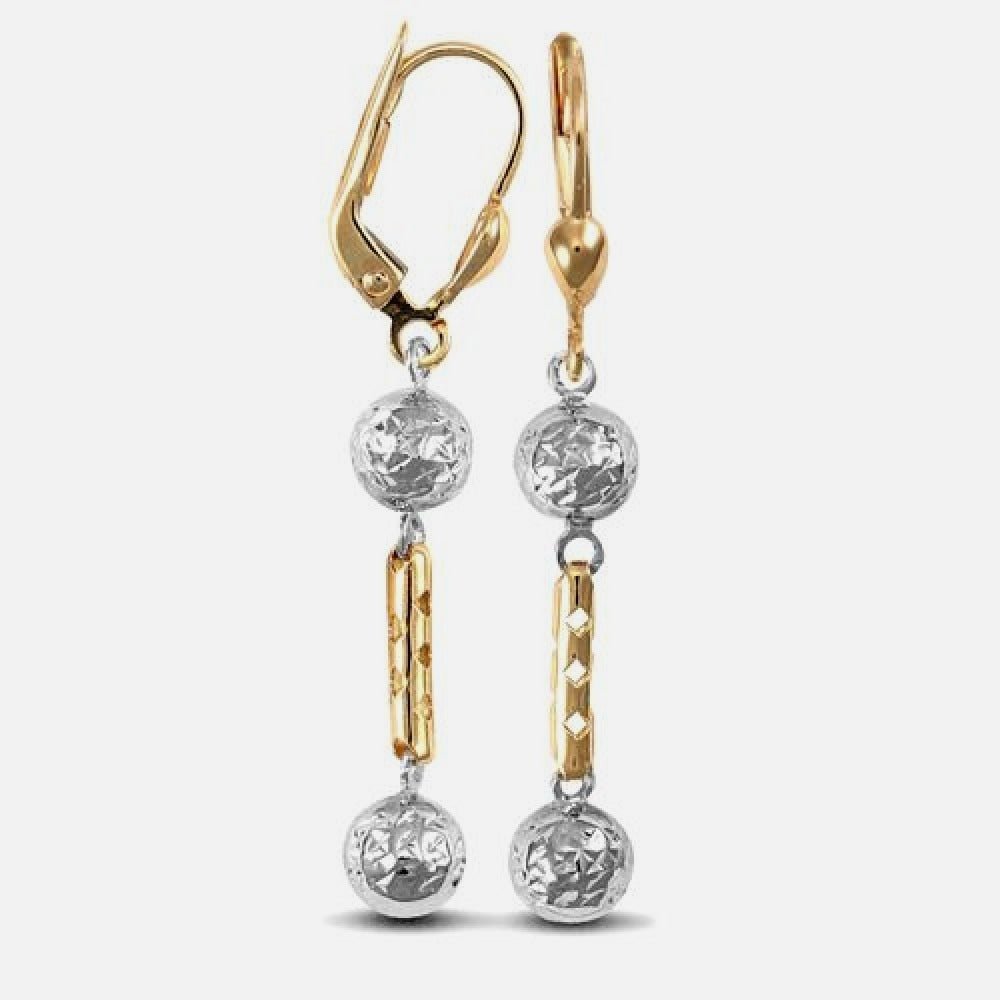 9k Yellow and White Gold Two Tone Drop Ball Earrings 6mm x 44mm