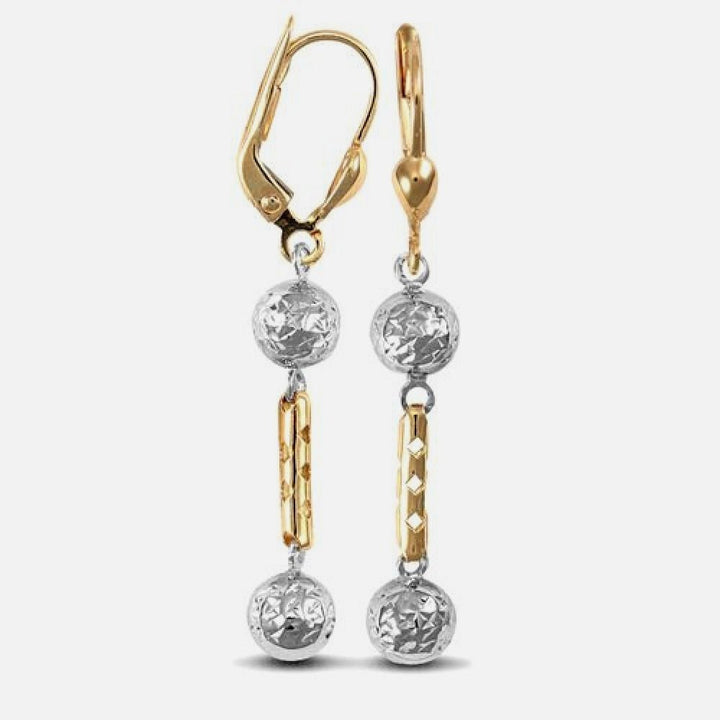 9k Yellow and White Gold Two Tone Drop Ball Earrings 6mm x 44mm