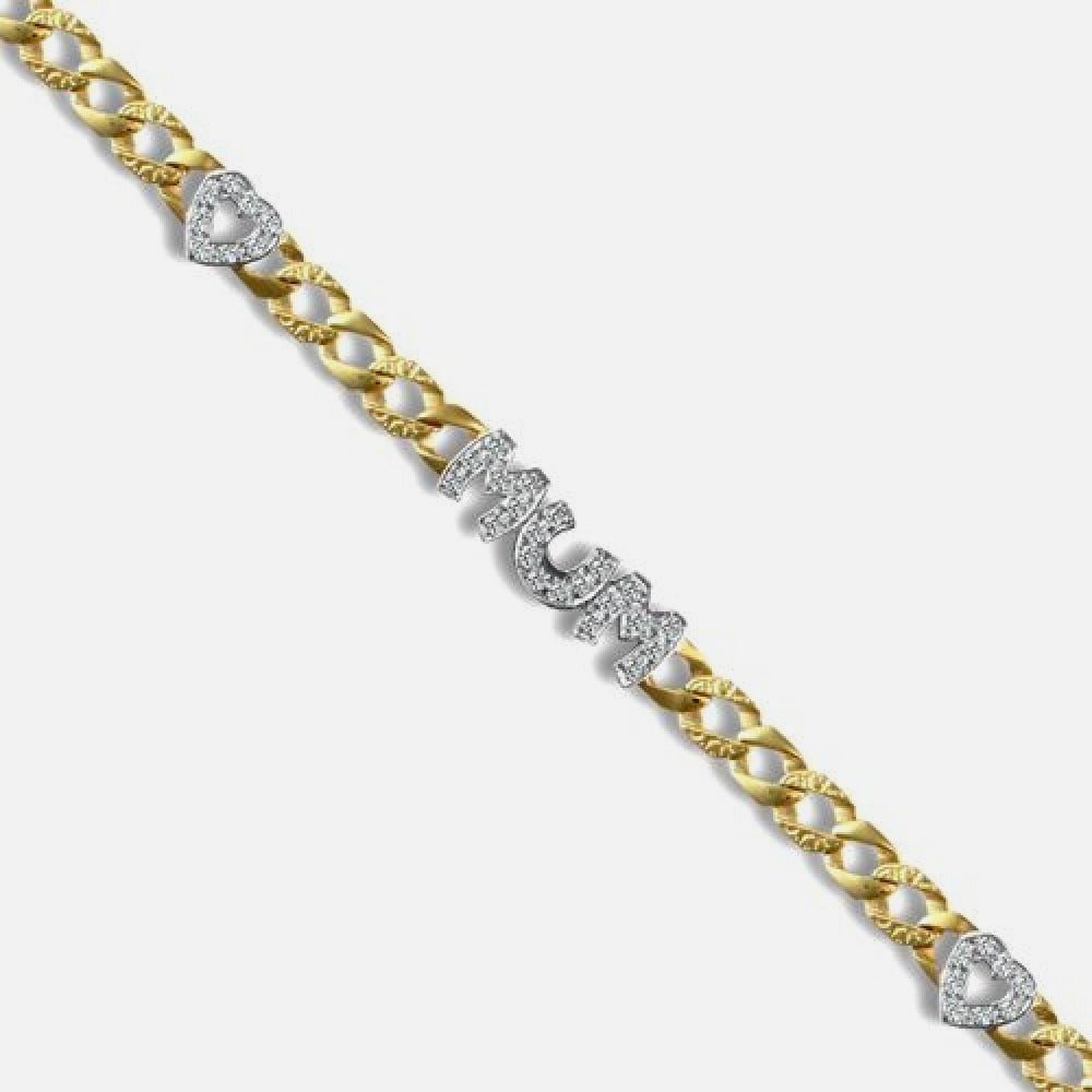 9k Yellow Gold Cubic Zirconia Heart 'Mum' Style Curb Bracelet 7.5 Inch