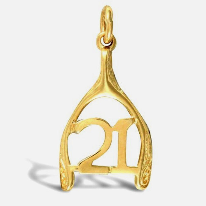 9k Yellow Gold Polished "21" Wishbone Pendant