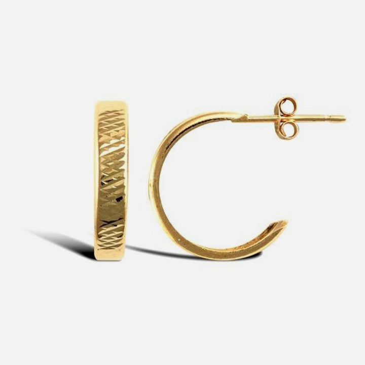 9k Yellow Gold Polished Half Hoop Textured Earrings