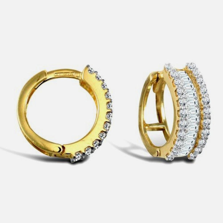9k Yellow Gold Round And Baguette Cubic Zirconia Hoop Earrings