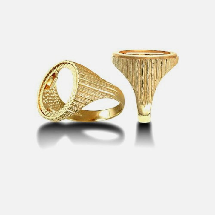 Tenth Krugerrand Size Coin Mount Ring, Ribbed Design 9k Yellow Gold