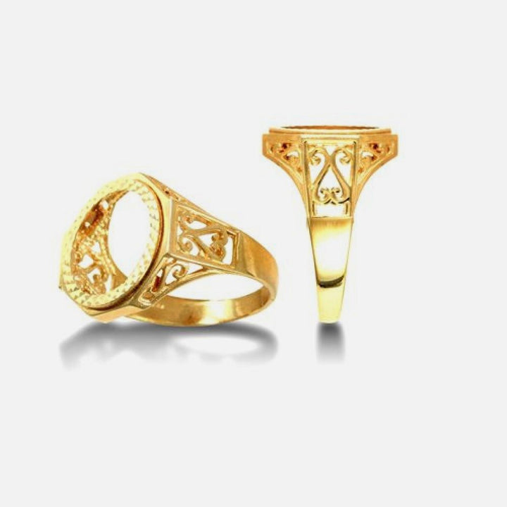 Tenth Krugerrand Size Coin Mount Ring Scroll Design 9k Yellow Gold